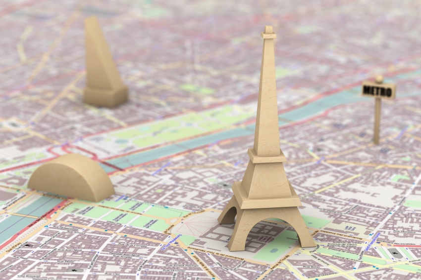 Carte de Paris avec des miniatures de monuments emblématiques comme la Tour Eiffel et des indications de métro pour trouver le bon cours de maths à Paris