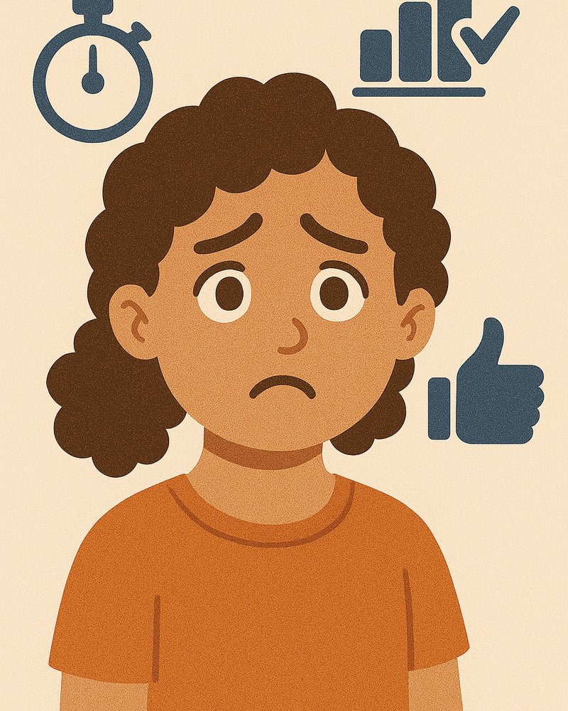 Élève anxieux représenté par une illustration avec un visage inquiet, entouré de pictogrammes de chronomètre, statistiques et validation, symbole du stress scolaire