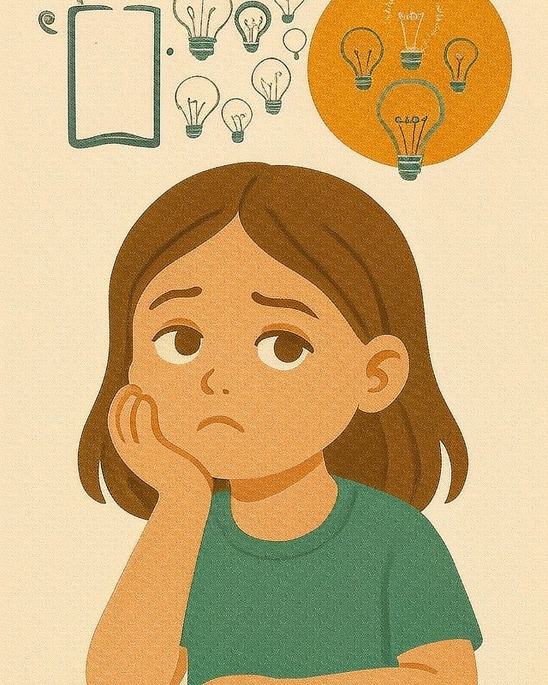 Élève en avance s’ennuie en classe, représentée par une illustration d’enfant songeuse entourée d’ampoules, symbole d’idées et de potentiel non exploité