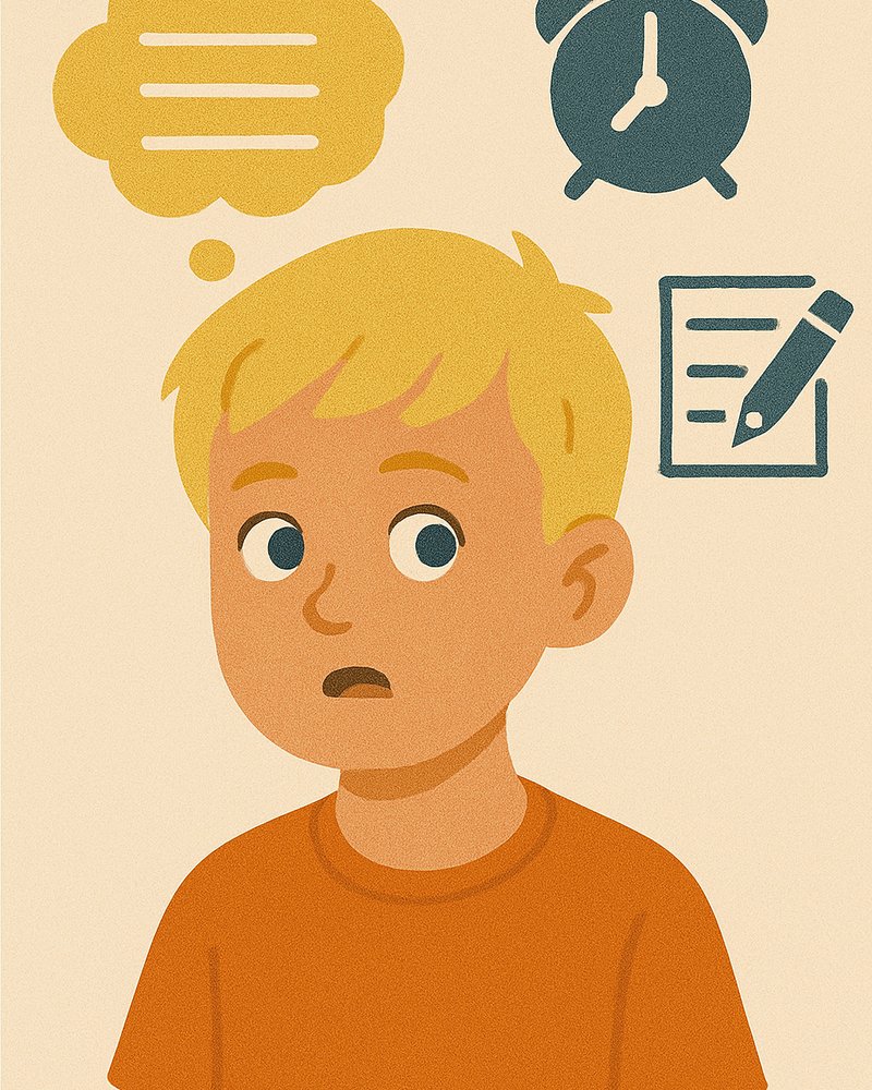 Élève distrait représenté par une illustration avec un visage préoccupé, entouré d’icônes de bulle de pensée, réveil et liste de tâches, symbole du manque de concentration scolaire