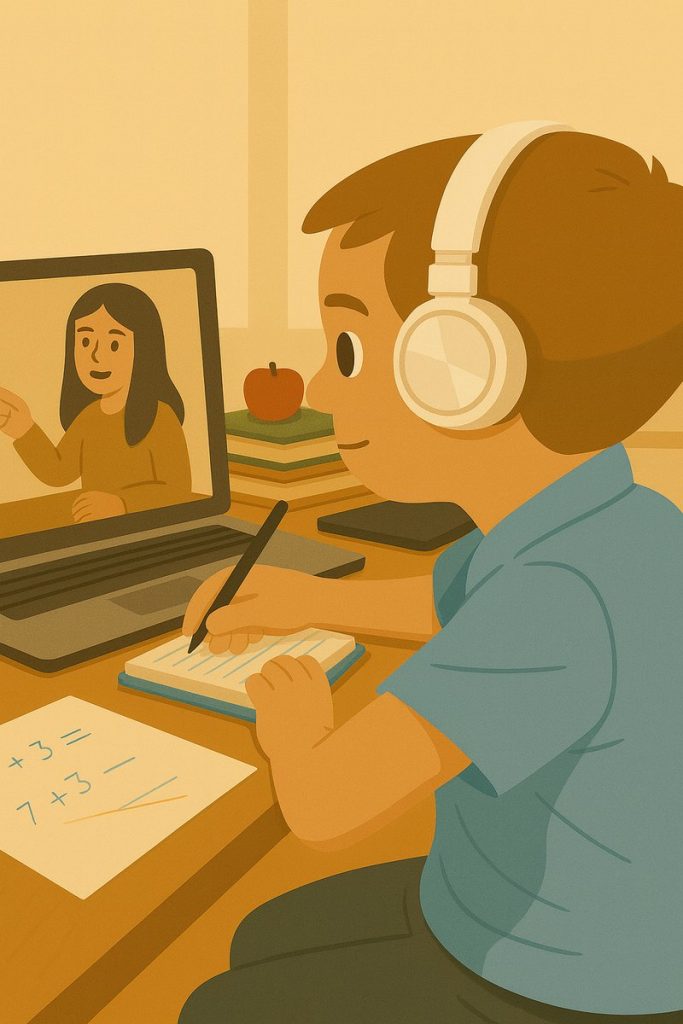 Élève en visioconférence suivant un cours particulier en ligne – soutien scolaire Apprentus