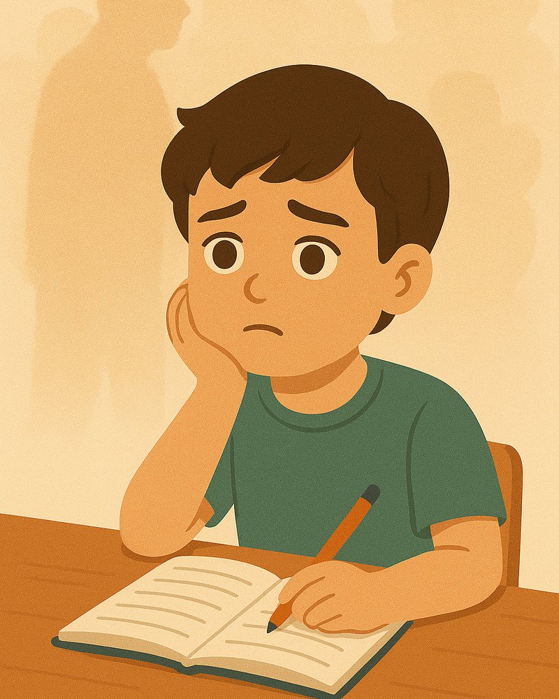 Élève isolé travaillant seul sur son cahier, l’air préoccupé, avec des silhouettes floues en arrière-plan représentant des parents absents ou distraits