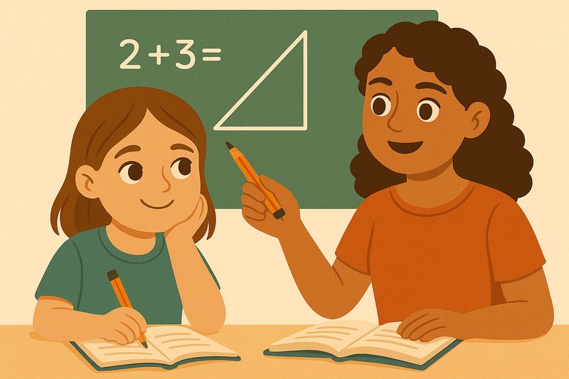 Professeur particulier aide une élève à résoudre un exercice de mathématiques en classe, avec un tableau montrant une addition et une figure géométrique