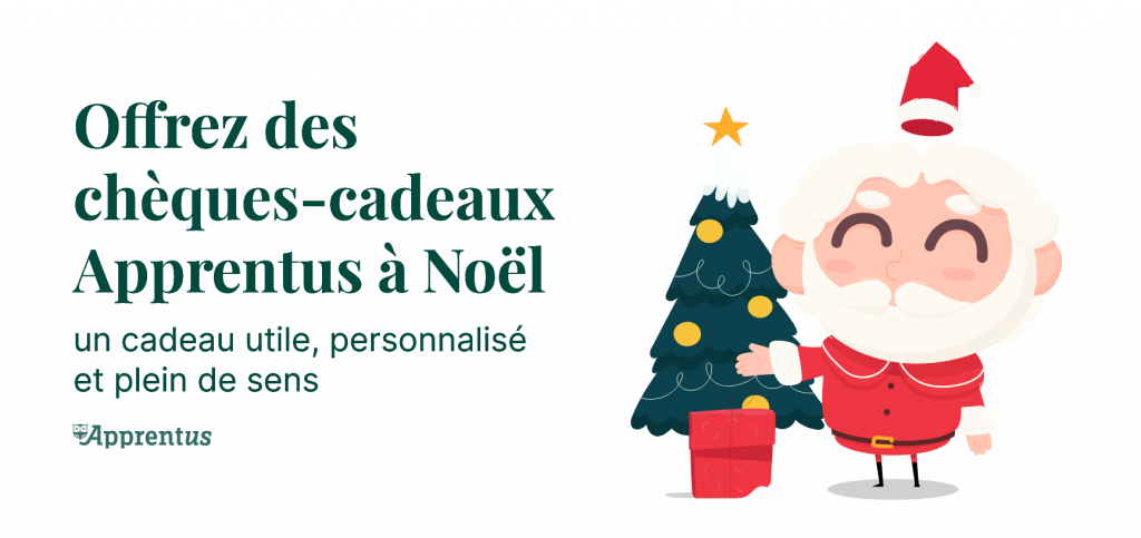 Père Noël Apprentus devant un sapin invitant à offrir des chèques-cadeaux Apprentus à Noël