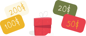 Montants des chèques-cadeaux Apprentus illustrés sous forme de cartes de 20 €, 50 €, 100 € et 200 € autour d’un cadeau