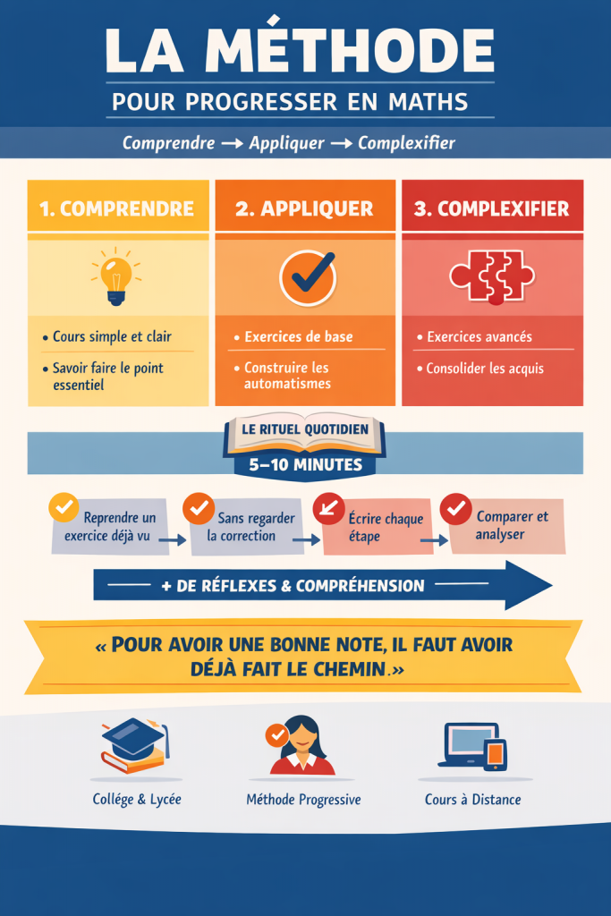 Infographie : méthode de Mounir pour progresser en maths — Comprendre, Appliquer, Complexifier + rituel quotidien 5–10 minutes.